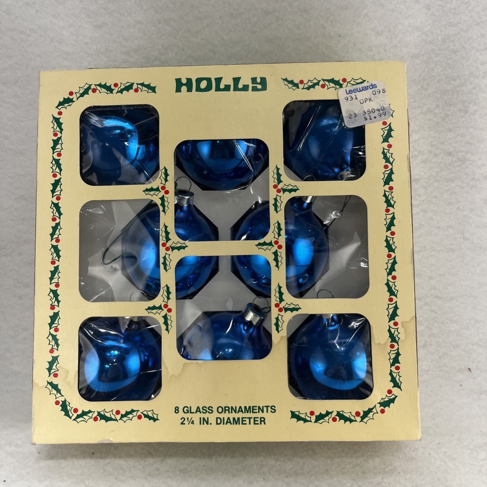 Holly Glass 2 1/4" Blue Christmas Ornaments Set of 8 In Original Box‎ Vintage